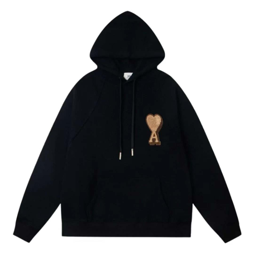 Ami Paris Stitched Brown Icon Hoodie Black