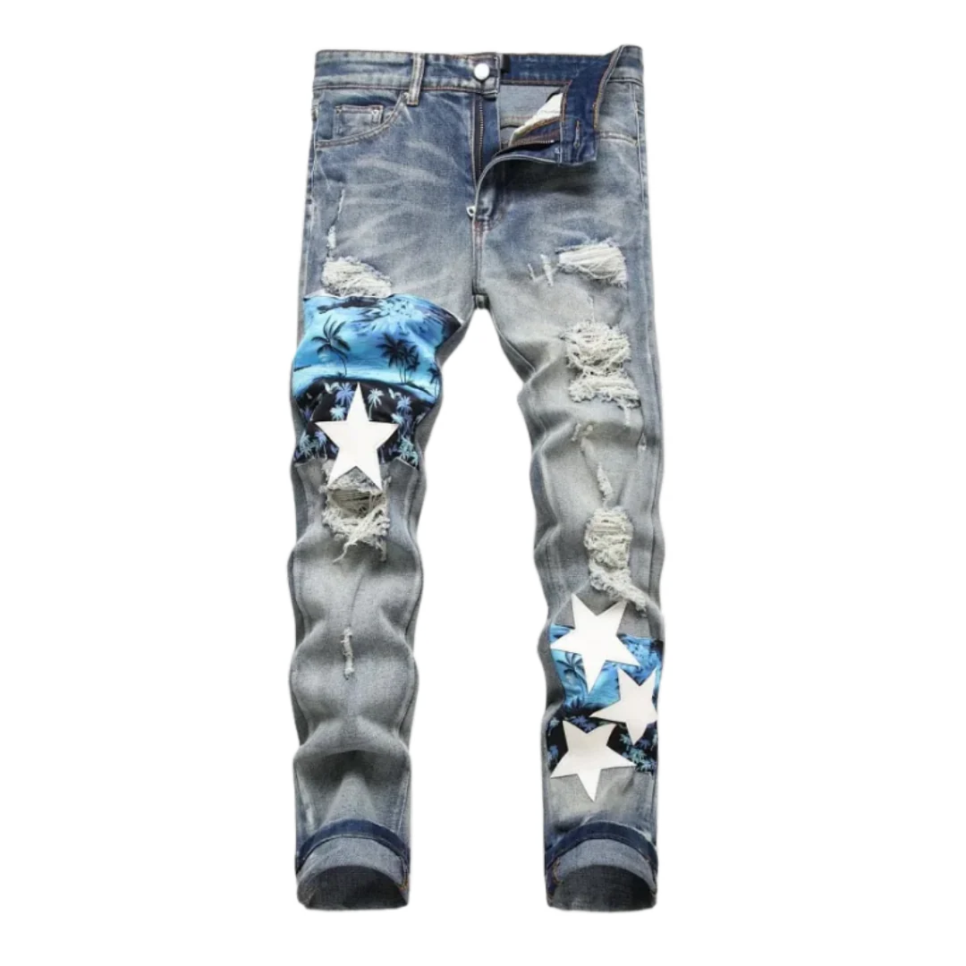Amiri Hawaii White Stars Skinny Jeans Blue