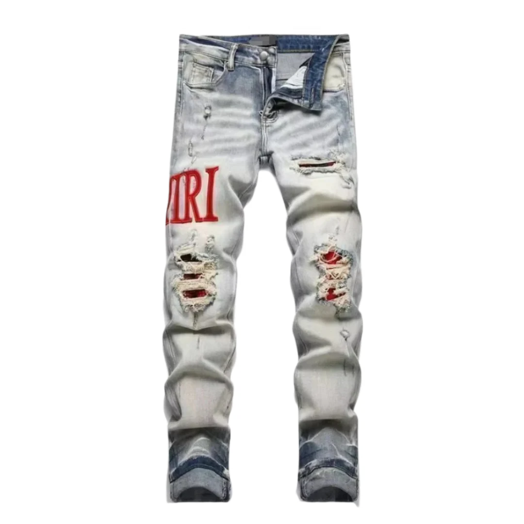 Amiri Ripped Red Print Jeans Blue