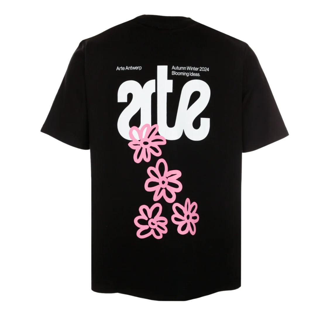 Arte Pink Flower T-Shirt Black