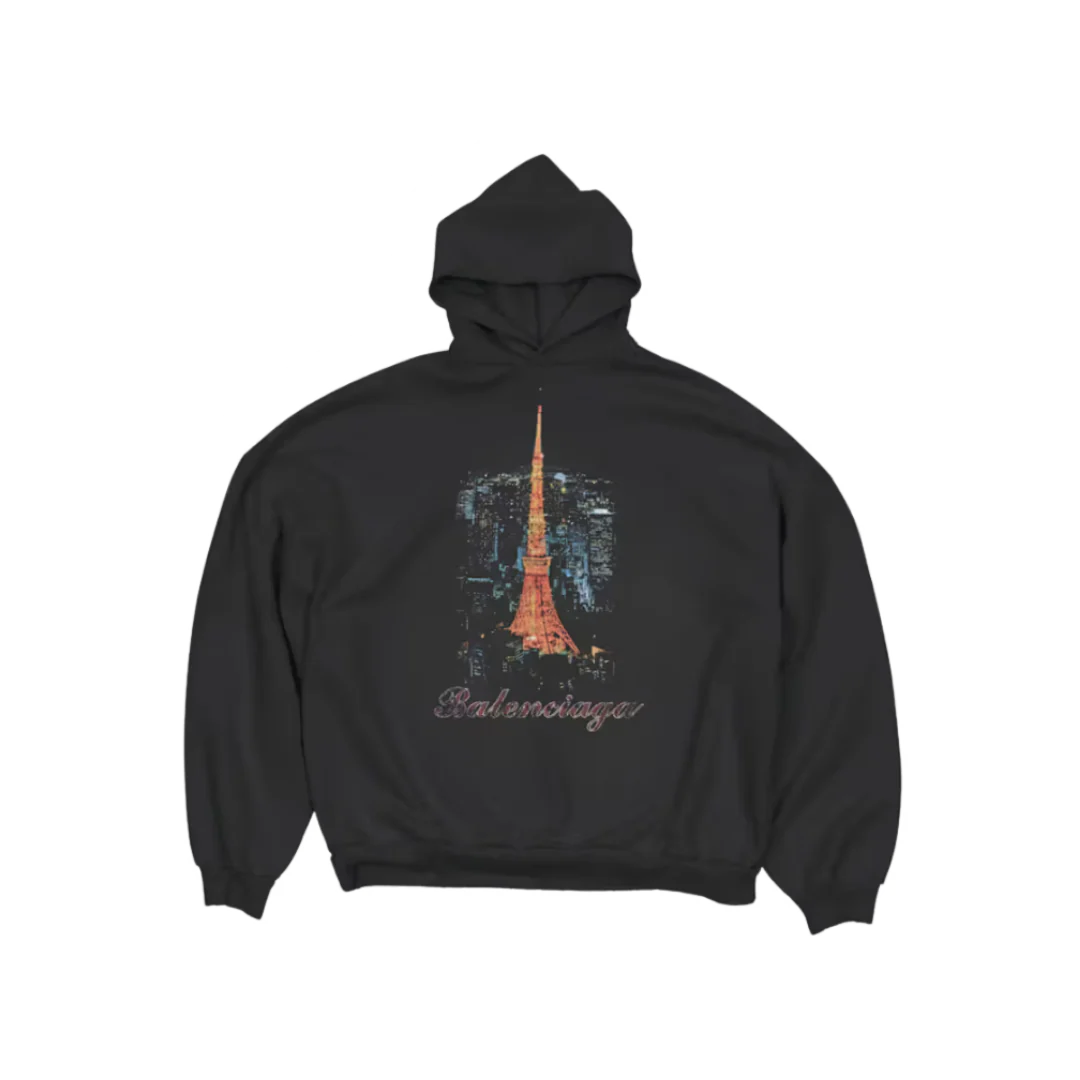 Balenciaga Hoodie Black Eifel Tower Print