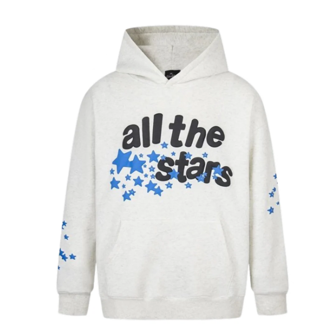 Broken Planets Blue Stars Print Hoodie White