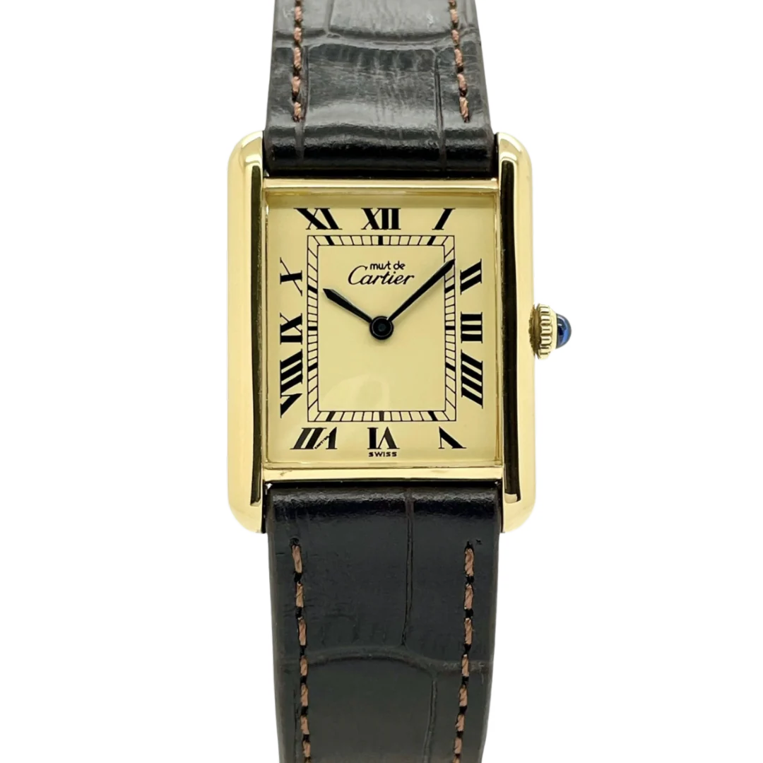 Cartier Tank Must de Vermeil Watch Black Leather & Gold