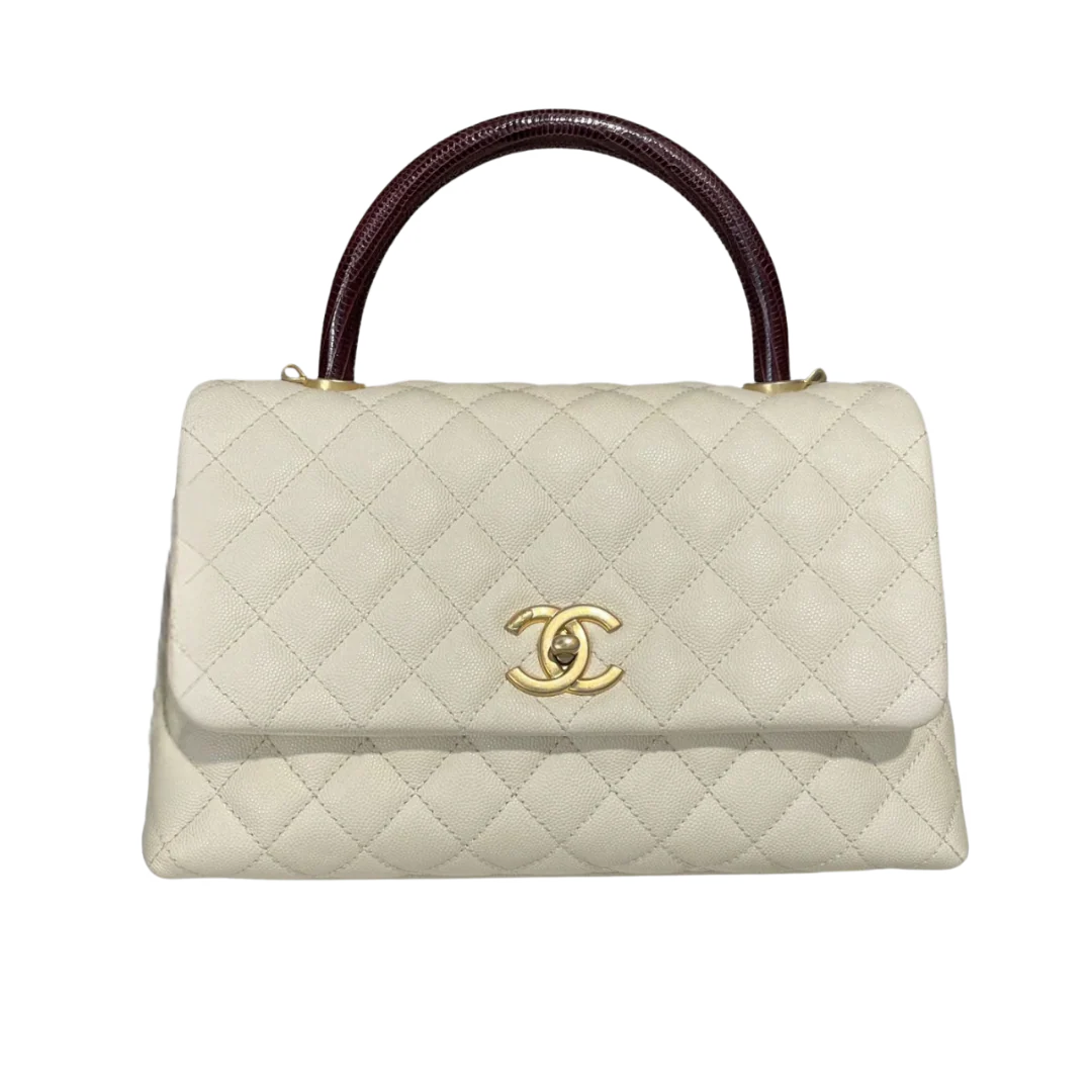Chanel Quilted Coco Lizard Handle Ivory Caviar Big White