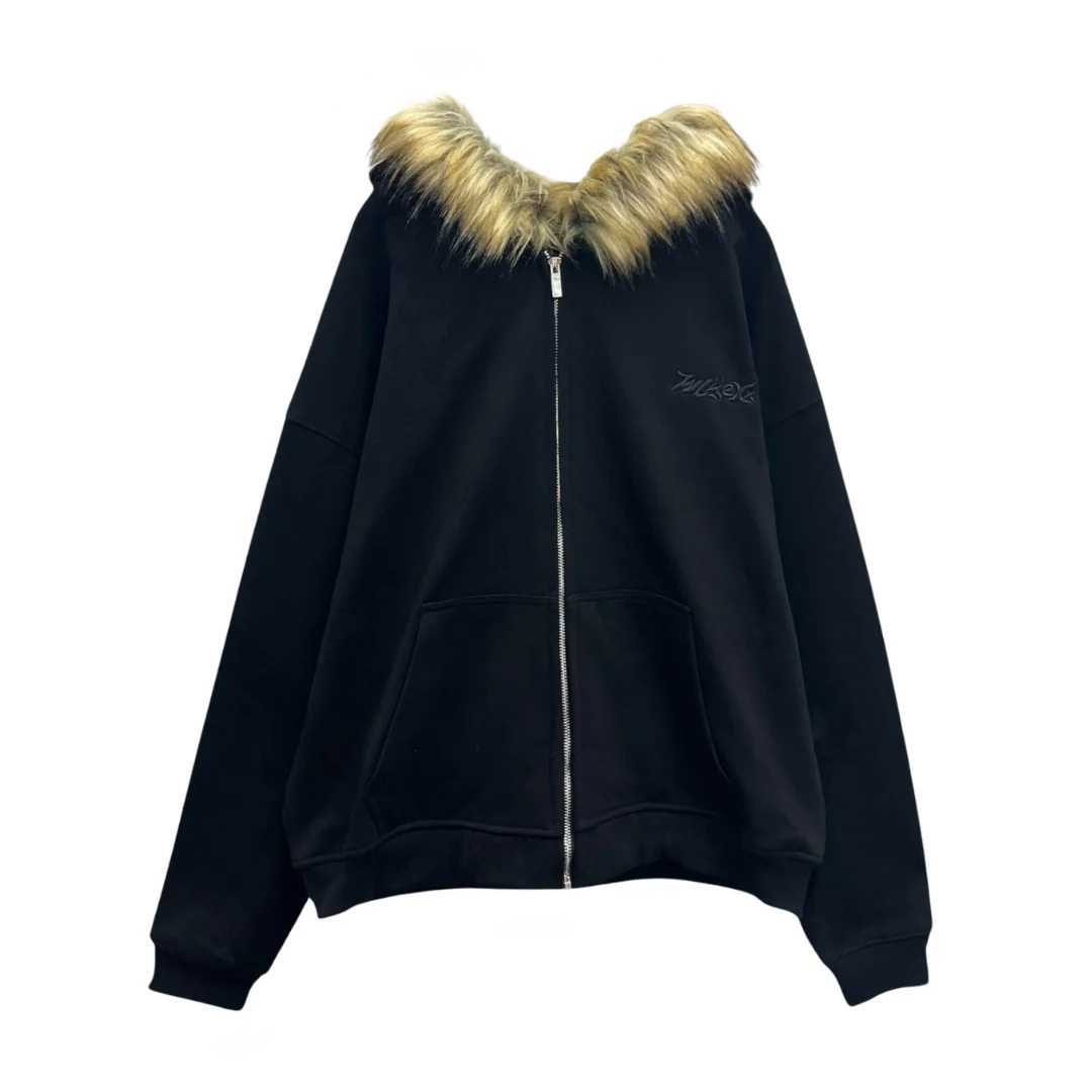 Chinese Non Branded Fur Zip Hoodie Black