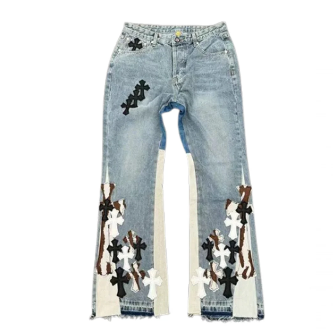 Chrome Hearts Stacked Crosses Flared Jeans Blue & White
