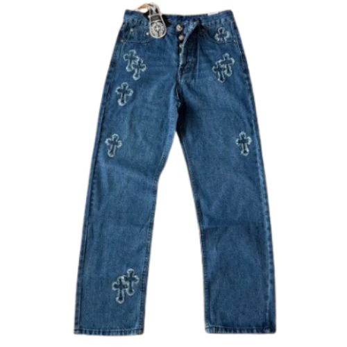 Chrome Hearts Staight Leg Denim Blue Pants With Rough Edges Cross