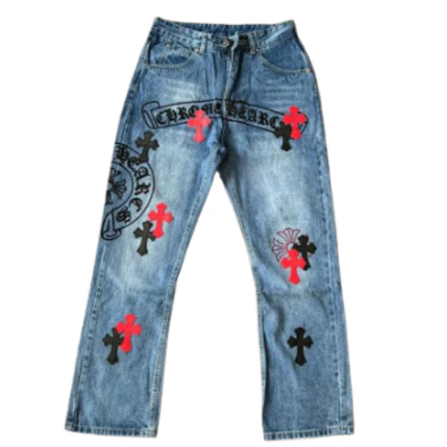 Chrome Hearts Straight Leg Denim Blue Red Cross Horseshoe