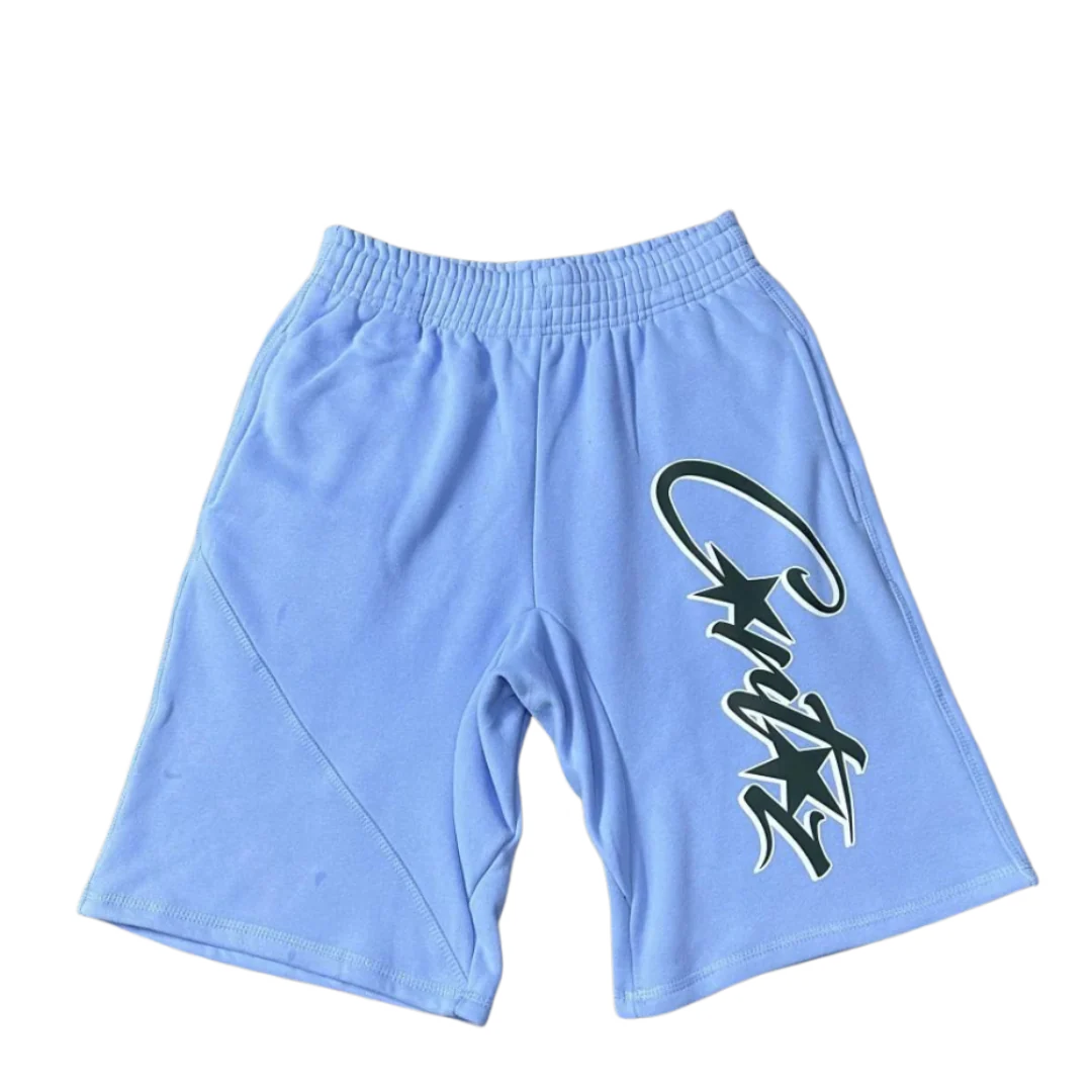 Corteiz Green Writing Shorts Baby Blue