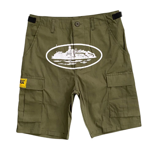 Corteiz Guerrilla Work Shorts Olive Green White
