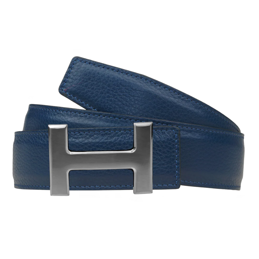 Hermes Leather Belt Blue & Silver Buckle