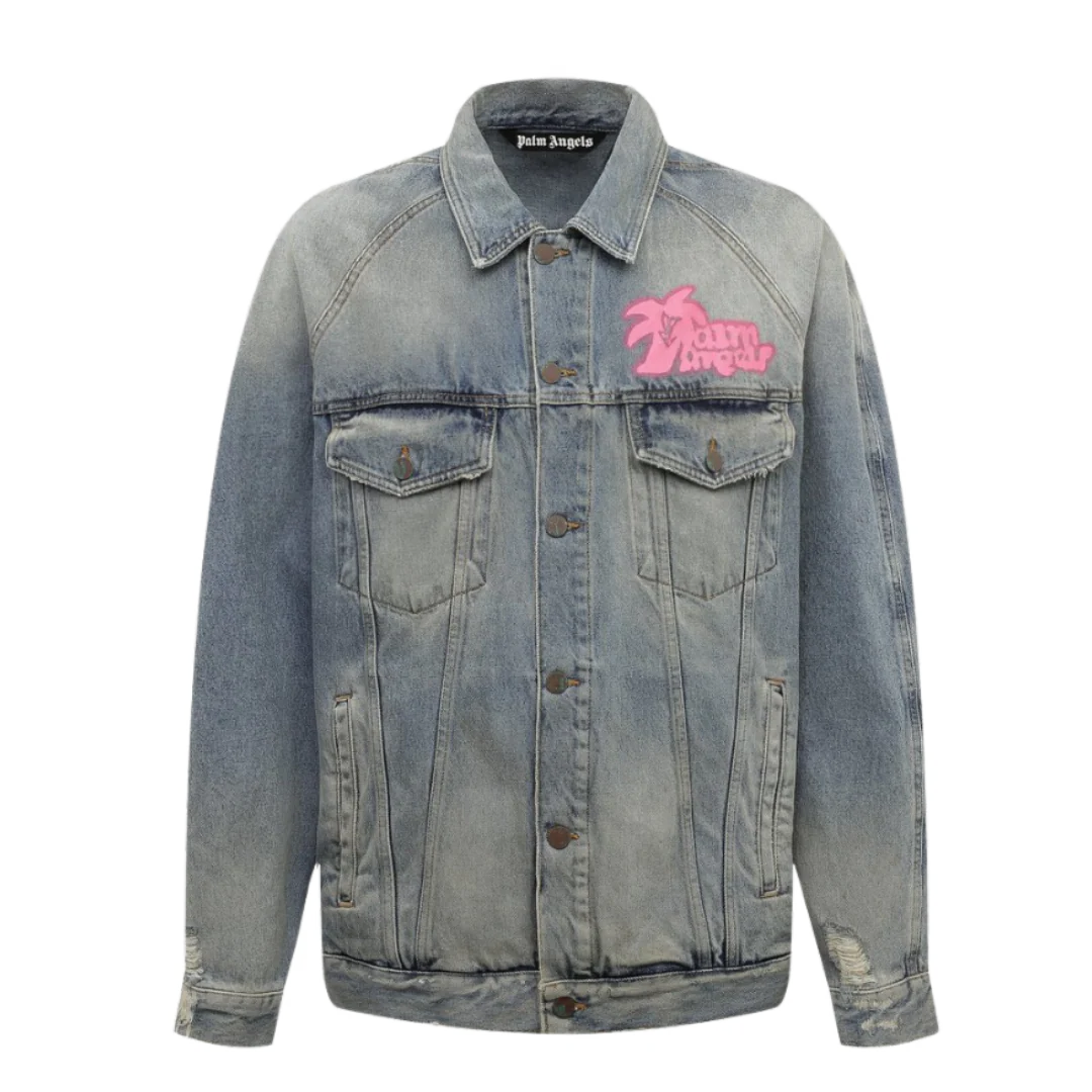 Palm Angels Pink Writing Jeans Jacket Blue