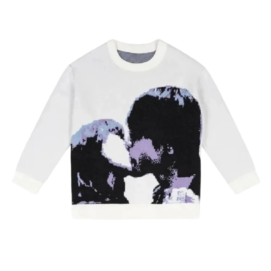 Retro Kissing Couple Loose Knit Sweater White