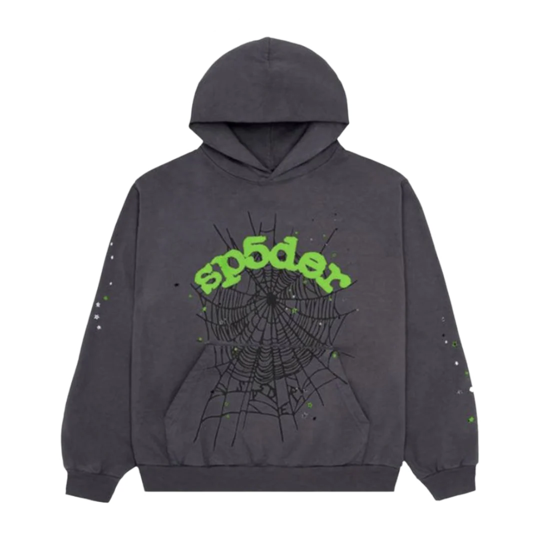 Sp5der Green Writing Hoodie Grey