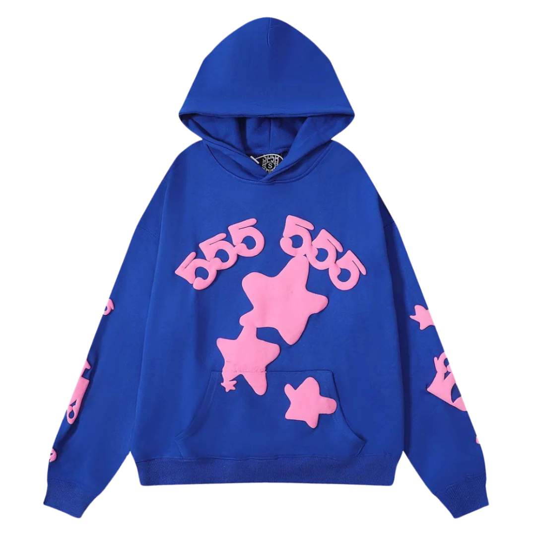 Sp5der Pink Stars Hoodie Blue