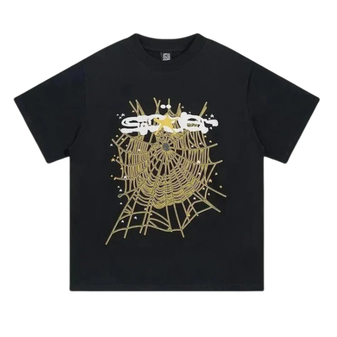 Sp5der Yellow Net Print T-Shirt Black