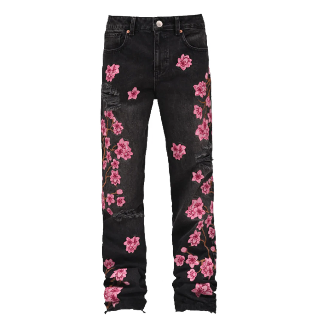Y2K Pink Flower Flared Denim Jeans Black